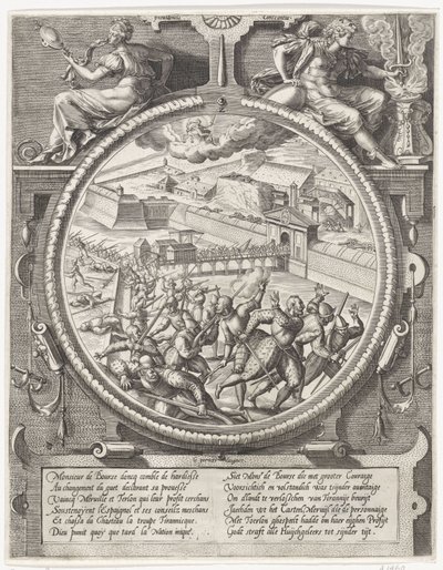 Le truppe di Bourse scacciano i soldati tedeschi di Treslong e Merville dalla cittadella, 1577 da Wierix