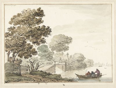 Paesaggio con un ponte di legno e alberi lungo un canale da Wigerus Vitringa