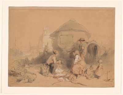 Conversazione sulla spiaggia vicino a una barca trasformata in abitazione da Wijnand Nuijen (signed by artist)