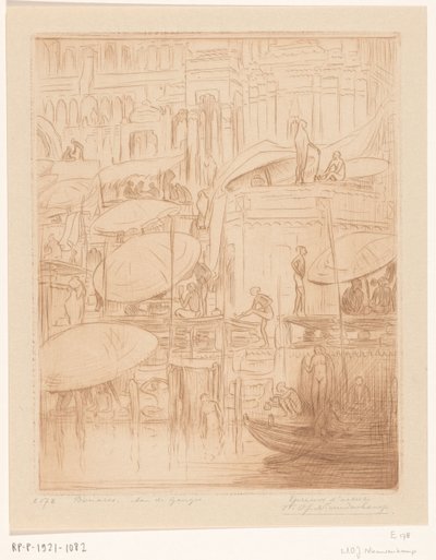 Uomini e donne che fanno il bagno e pregano sulla riva del Gange a Benares da Wijnand Otto Jan Nieuwenkamp (signed by artist)