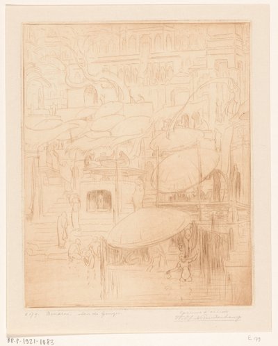 Uomini e donne che pregano e si bagnano sulla riva del Gange a Benares da Wijnand Otto Jan Nieuwenkamp (signed by artist)