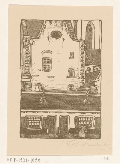 Case contro la Chiesa di San Bavone al Oude Groenmarkt a Haarlem da Wijnand Otto Jan Nieuwenkamp (signed by artist)