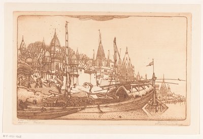 Nave con legna da ardere sulla riva del Gange a Benares da Wijnand Otto Jan Nieuwenkamp (signed by artist)