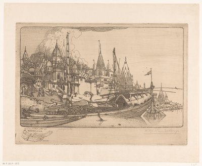 Nave con legna da ardere sulla riva del Gange a Benares da Wijnand Otto Jan Nieuwenkamp (signed by artist)