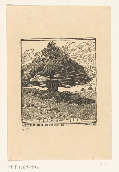 Città sotto un cedro in un paesaggio montano da Wijnand Otto Jan Nieuwenkamp