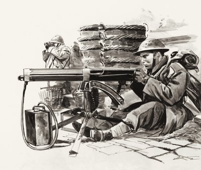 Mitragliere britannico in attesa dei tedeschi fuori da Dunkerque (gouache su carta) da Wilf (20th century) Hardy