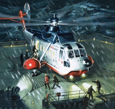 Danger Men of the Oil Fields. un elicottero S-61N della British Airways. da Wilf (20th century) Hardy