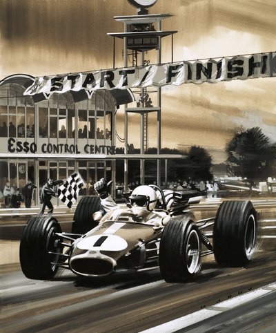 Jack Brabham fa il segno del pollice in su mentre vince il primo Gran Premio del Canada della storia da Wilf (20th century) Hardy