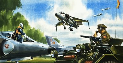 Guarda... Niente pista. Gli ultimi sviluppi in campo aeronautico. Il jet da salto Harrier da Wilf (20th century) Hardy