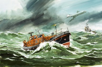 Il battello di salvataggio RNLI Oakley di 15 metri in viaggio verso una nave in difficoltà da Wilf (20th century) Hardy