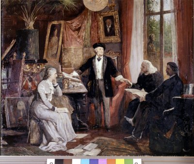 Da sinistra a destra: Cosima Wagner, Richard Wagner, Franz Liszt e Walsogen a Villa Wahfried a Bayreuth. Dipinto di Beckmann da Wilhelm Beckmann
