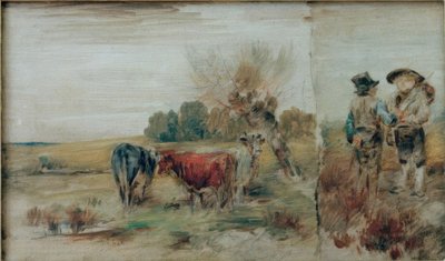 Doppia immagine: Mucche al pascolo, due contadini in conversazione da Wilhelm Busch