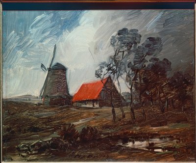 Paesaggio autunnale con mulino a vento e casa rossa da Wilhelm Busch