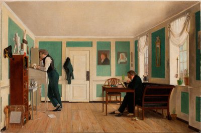 Interno di Amaliegade, Capitano Carl Ludvig Bendz in piedi e Dr. Jacob Christian Bendz seduto da Wilhelm Ferdinand Bendz
