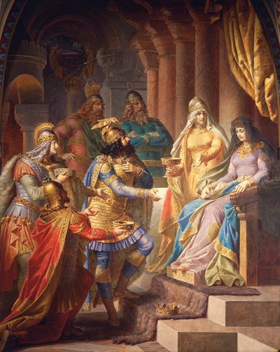 Gudrun acconsente a sposare Attila, re degli Unni, dalla Saga di Gudrun, Sala Superiore, c.1883-84 da Wilhelm Hauschild