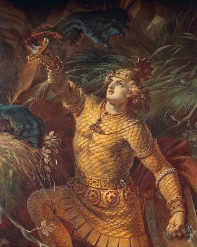 Sigurd uccide il drago Fafnir tenendo la spada Gram (dettaglio) da Wilhelm Hauschild