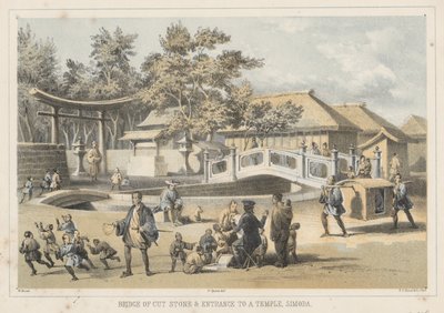 Ponte di pietra tagliata e ingresso a un tempio, Simoda, 1855 da Wilhelm Joseph Heine