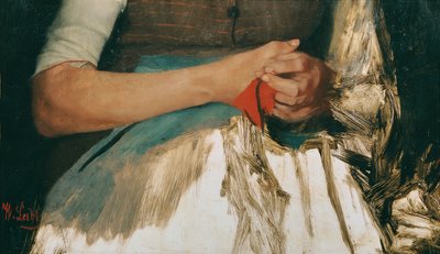 Due mani con panno rosso su grembiule blu da Wilhelm Maria Hubertus Leibl