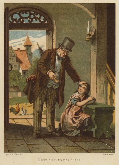 Padre che consola sua figlia dopo che ha subito le conseguenze di aver preso in giro un cane da Wilhelm Ludwig Heinrich Claudius