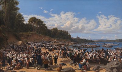 Fedeli che arrivano in barca alla chiesa parrocchiale di Leksand sul lago Siljan, Svezia da Wilhelm Marstrand
