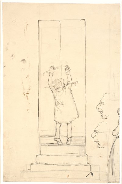 Un piccolo uomo si alza in punta di piedi per aprire una porta con un chiavistello. Schizzi di profili e donna da Wilhelm Marstrand