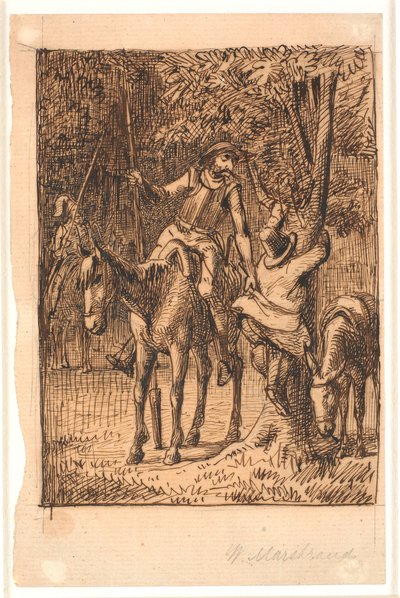 Prima della lotta con il cavaliere dello specchio, Don Chisciotte aiuta Sancho Panza a salire su un albero da Wilhelm Marstrand