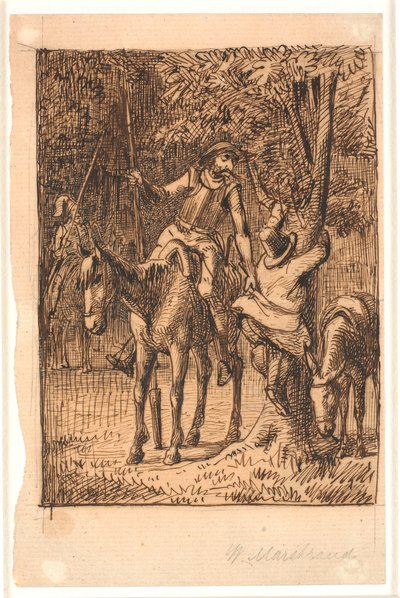 Prima della lotta con il cavaliere dello specchio, Don Chisciotte aiuta Sancho Panza a salire su un albero da Wilhelm Marstrand