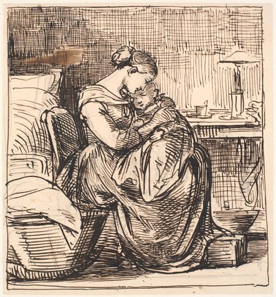 Madre con bambino addormentato in grembo nella camera da letto da Wilhelm Marstrand