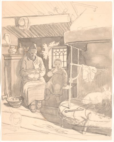 Cottage svedese con vecchia donna e bambino da Wilhelm Marstrand