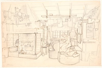 Casa contadina svedese con donna che cuce da Wilhelm Marstrand