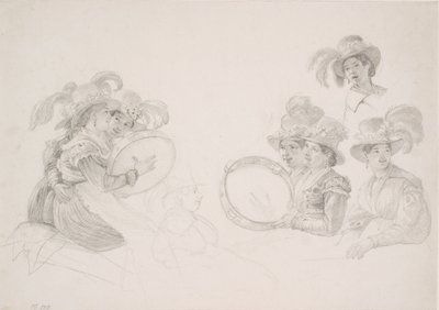 Donne romane che suonano il tamburello con alti cappelli piumati da Wilhelm Marstrand