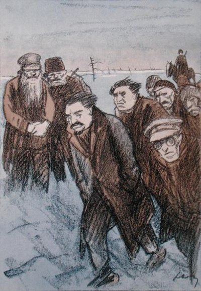 Caricatura di Leon Trotsky (1879-1940) in Siberia, dalla rivista 