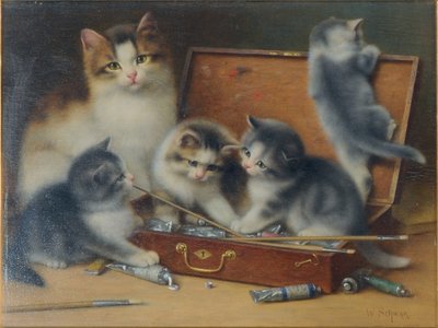 Madre gatta e i suoi gattini che giocano in una scatola di colori da Wilhelm Schwar