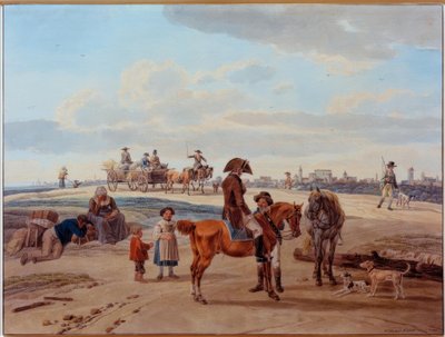 Cavaliere, contadini e carro davanti a una città da Wilhelm von Kobell