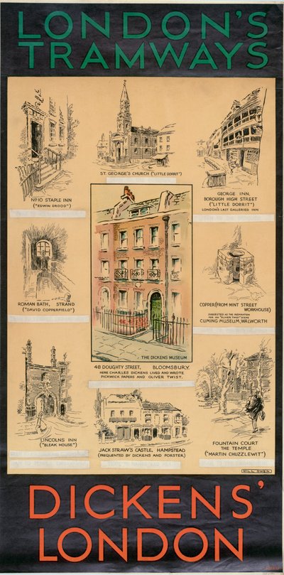La Londra di Dickens, manifesto dei Tramways del Consiglio della Contea di Londra da Will Owen
