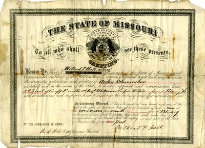 Commissione militare di Anton Schumacher come 2° Tenente della Compagnia F nel 1° Reggimento U.S.R.C., Volontari del Missouri, 6 febbraio 1862 da Willard P. Hall