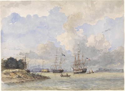 Maas davanti a Rotterdam, con una nave americana e una svedese da Willem Anthonie van Deventer