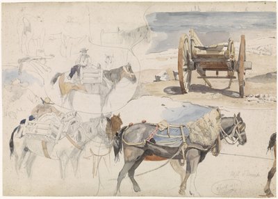 Foglio di studio con carro di conchiglie sulla spiaggia e vari studi di cavalli da Willem Anthonie van Deventer