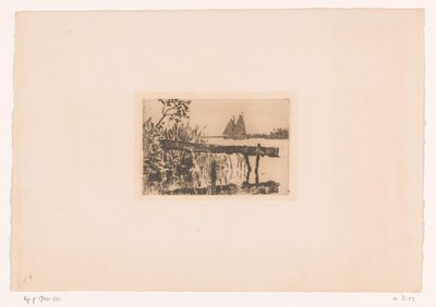 Passerella sulla riva, dietro due barche a vela da Willem Bastiaan Tholen