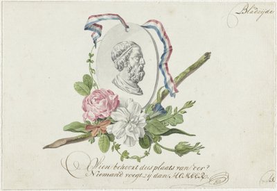 Vignetta con fiori, medaglione con ritratto e nastro da Willem Bilderdijk