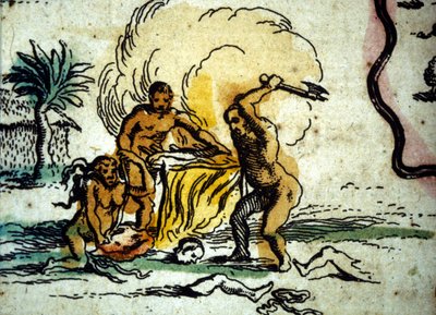 Brasile. Cannibali che raffigurano un uomo con un
