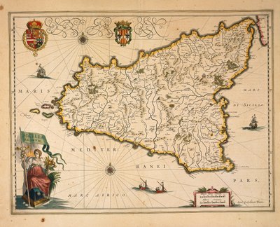 Mappa della Sicilia, dal Regionum Italiae, incisione da Willem Blaeu