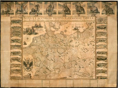 Nuova e accurata illustrazione della Germania nella sua interezza di Willem Janszoon Blaeu, incisione su rame, stampata ad Amsterdam da Willem Blaeu