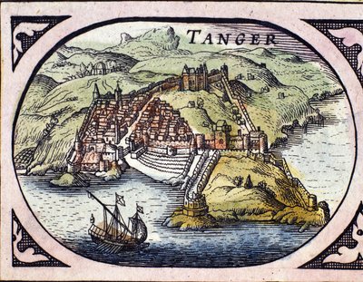 Veduta della città fortificata di Tangeri e della costa, Marocco. Mappa dall