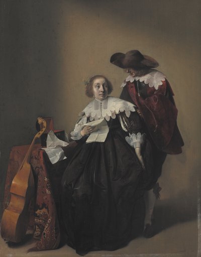 Donna seduta con una lettera, un gentiluomo in piedi accanto a lei da Willem Cornelisz Duyster