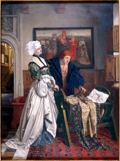 Carlo V e Jeanne Vandergeynst alla culla della loro figlia Margherita da Willem Geets
