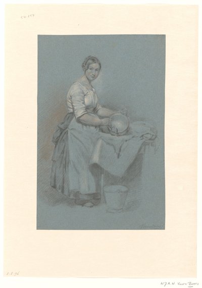 Serva in piedi accanto a un tavolo con pentola di rame da Willem Johannes Adrianus Wijnandus Voorn Boers