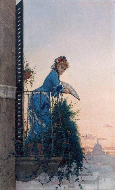 Una bellezza elegante su un balcone che guarda verso Roma, con la cupola di San Pietro in lontananza da Willem Johannes Martens