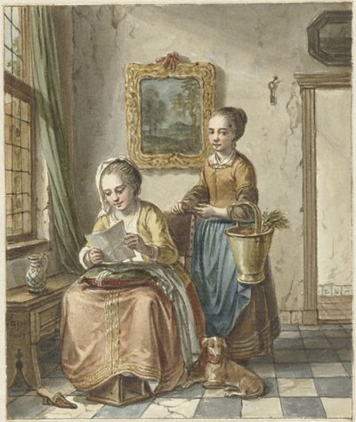 Donna seduta con domestica, leggendo una lettera da Willem Joseph Laquy