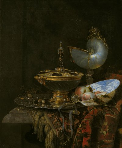 Natura morta con coppa di Holbein, coppa di Nautilus, bicchiere e piatto di frutta da Willem Kalf
